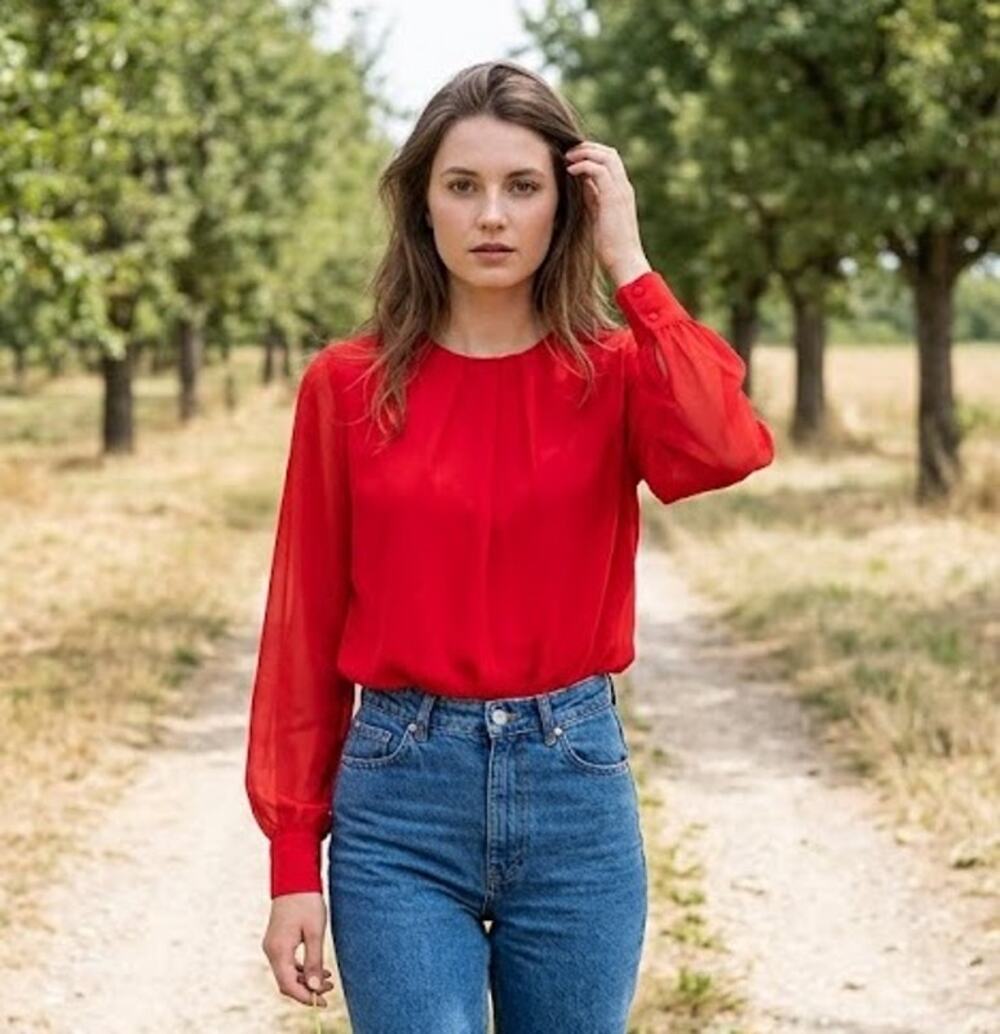 WEILL Paris Red Blouse French Luxury Sheer Sleeve Keyhole Top Size US 6 EU 38